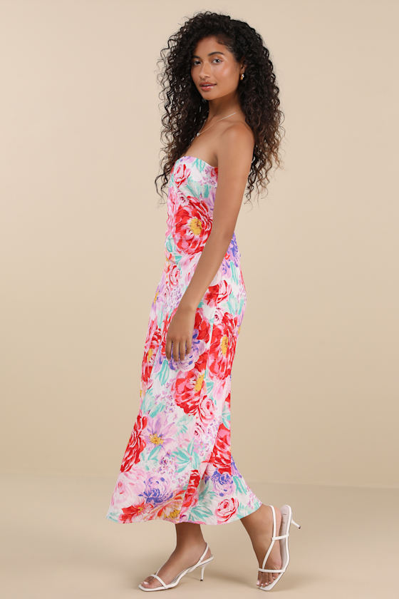 Lulus Jianna Ivory Multi Floral Satin Strapless Cowl Back Maxi Dress In Multi