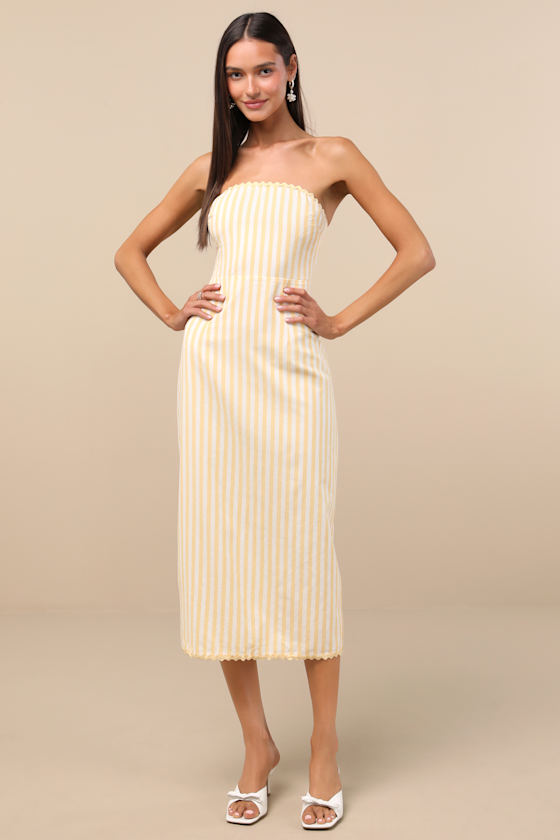 Brigita Yellow Striped Strapless Column Midi Dress