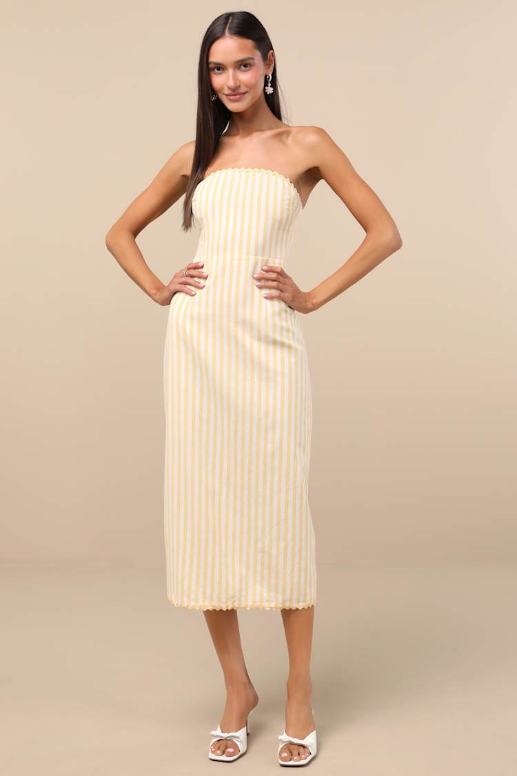 Yellow Striped Midi Dress - Strapless Midi Dress - Column Dress - Lulus