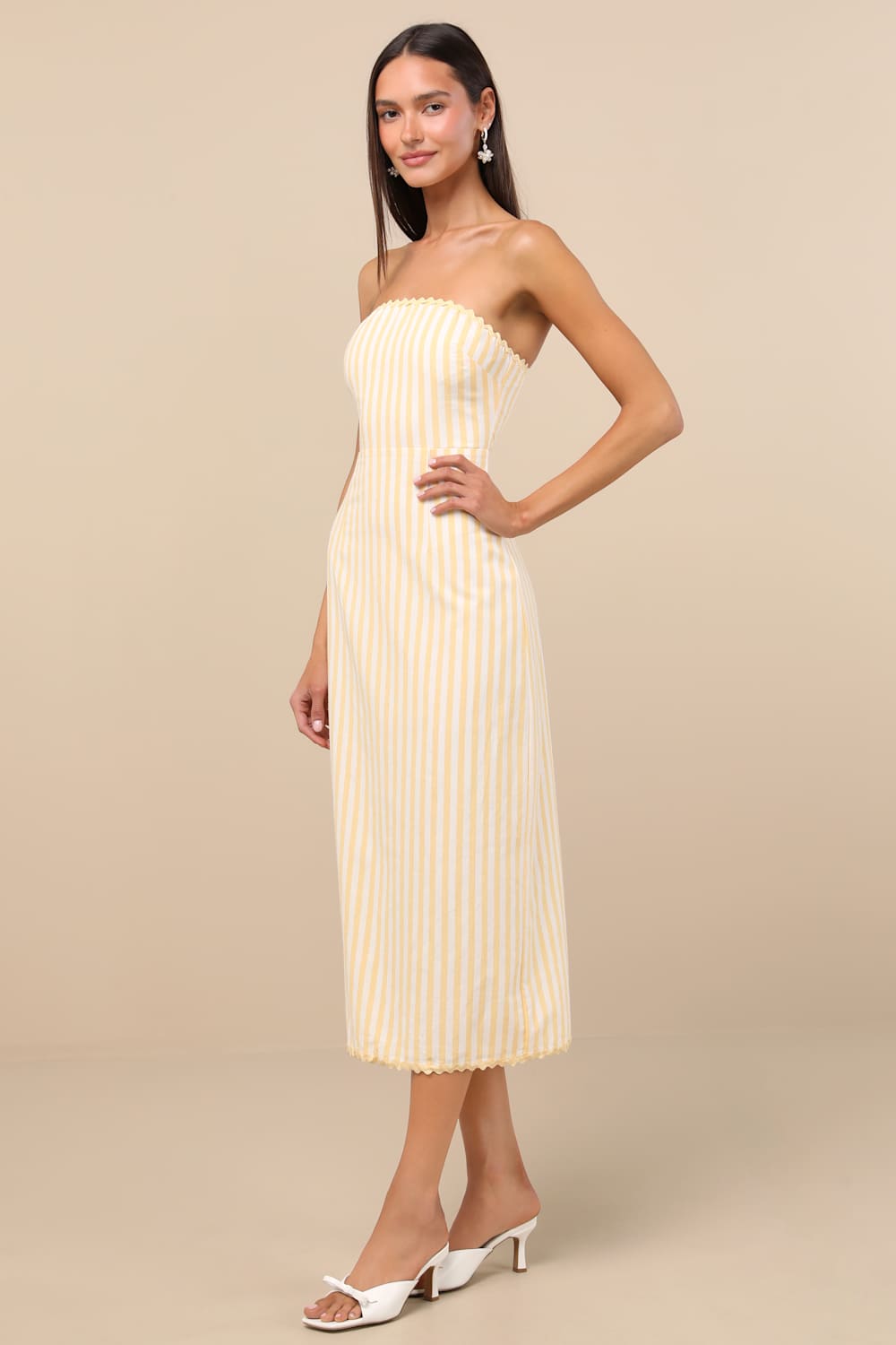 Brigita Yellow Striped Strapless Column Midi Dress