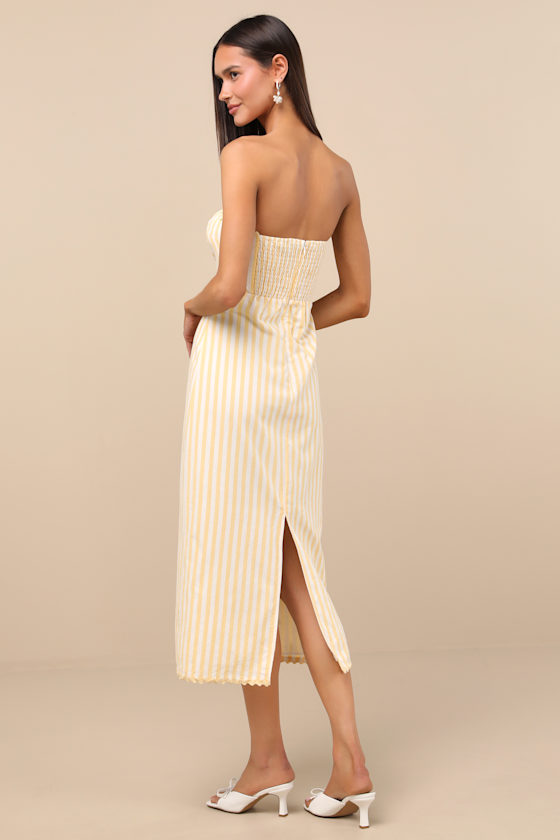 Lulus Brigita Yellow Striped Strapless Column Midi Dress
