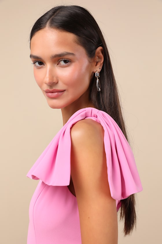 Lulus Simply Brilliant Pink One-shoulder Bow Maxi Dress