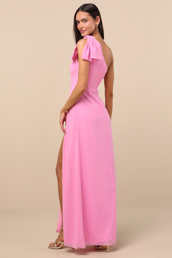 Lulus Simply Brilliant Pink One-shoulder Bow Maxi Dress