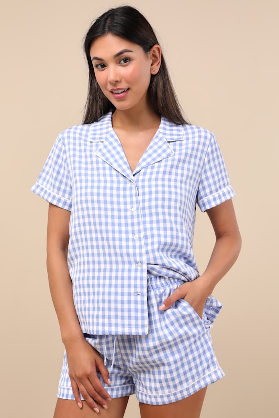 Joannie Blue and White Gingham Two-Piece Pajama Set 1