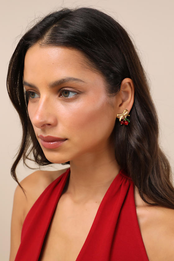 Lulus Joselyn Gold And Red Cherry Stud Earrings