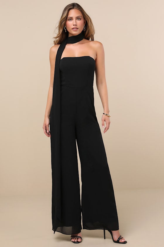 Lulus Kavina Black Wide-leg Jumpsuit And Scarf Set In Animal Print