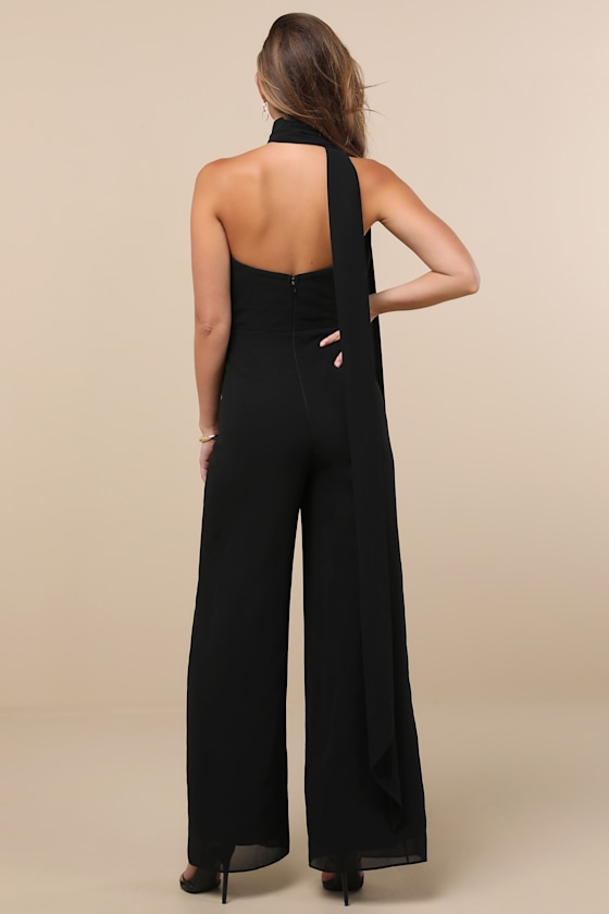 Lulus Kavina Black Wide-leg Jumpsuit And Scarf Set In Animal Print