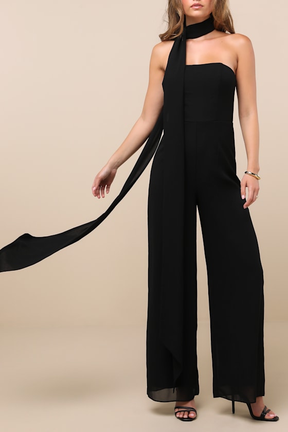 Lulus Kavina Black Wide-leg Jumpsuit And Scarf Set In Animal Print
