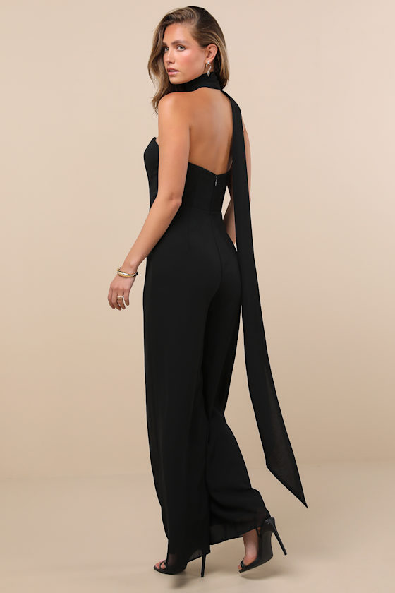Lulus Kavina Black Wide-leg Jumpsuit And Scarf Set In Animal Print