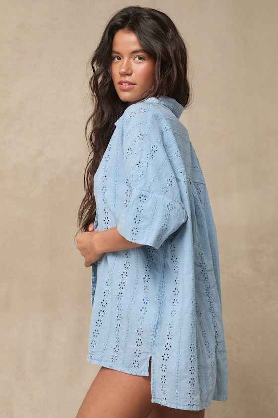 Olivia Slate Blue Eyelet Embroidered Swim Cover-Up Top 2