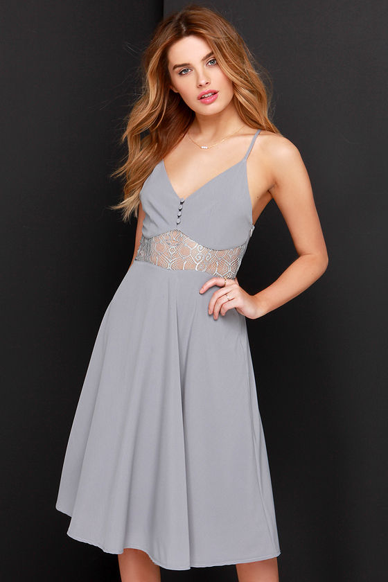 10929 Grey Silvery Midi Lace Dress