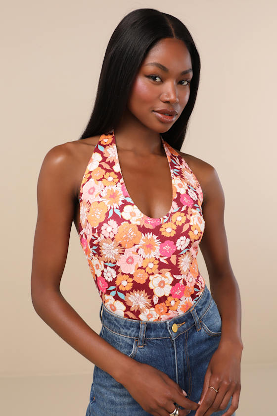 Lulus Boldly Blooming Burgundy Floral Print Halter Bodysuit
