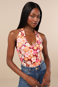 Boldly Blooming Burgundy Floral Print Halter Bodysuit 1