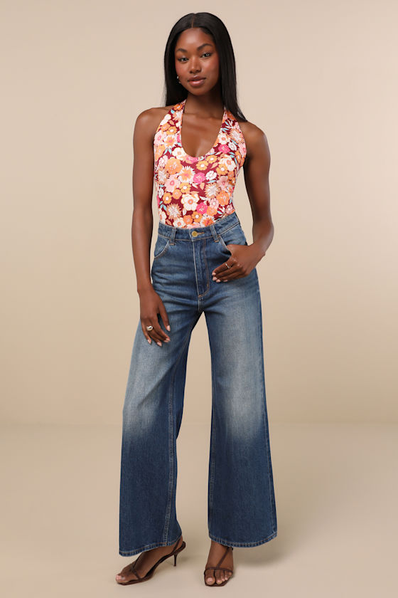 Lulus Boldly Blooming Burgundy Floral Print Halter Bodysuit