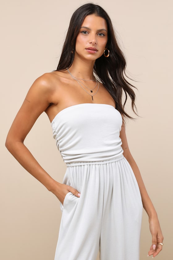 Lulus Flawless Comfort Bone Ruched Strapless Jogger Jumpsuit