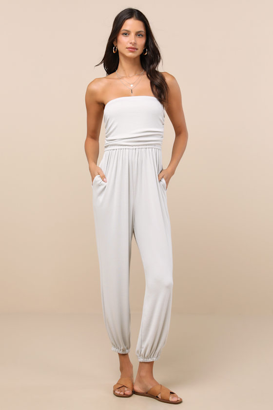 Flawless Comfort Bone Ruched Strapless Jogger Jumpsuit