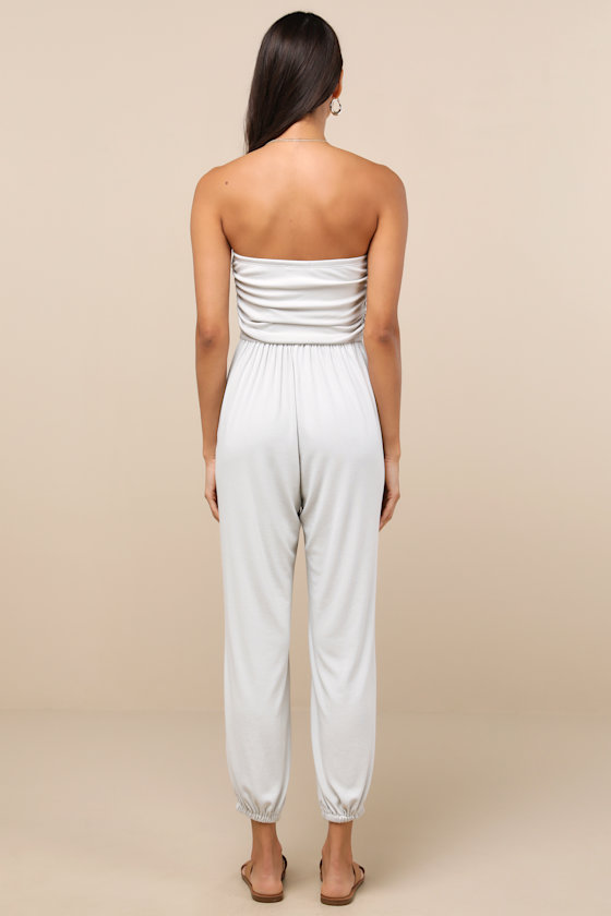 Lulus Flawless Comfort Bone Ruched Strapless Jogger Jumpsuit