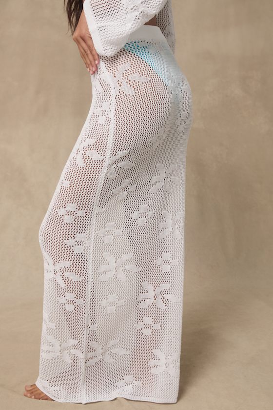 Sndys Terra White Crochet Knit Maxi Swim Cover-up Skirt