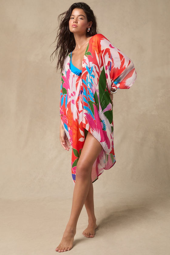 Lulus Manihi Red Multi Tropical Print Button-front Swim Cover-up