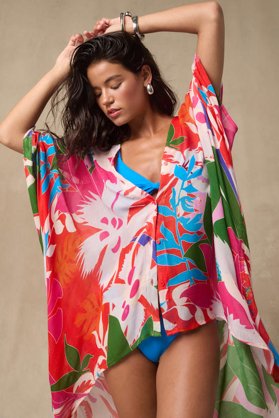 Lulus Manihi Red Multi Tropical Print Button-front Swim Cover-up