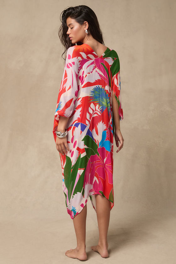 Lulus Manihi Red Multi Tropical Print Button-front Swim Cover-up