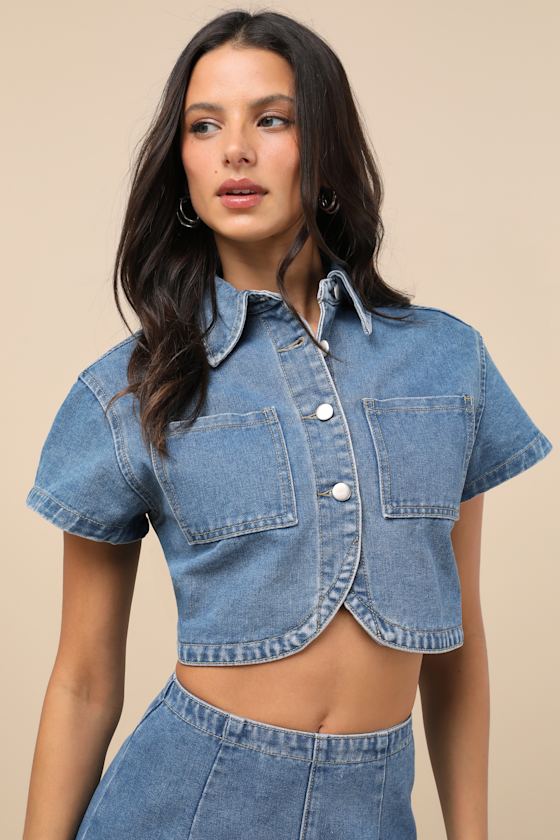Rare London Nerea Medium Wash Denim Button-front Crop Top