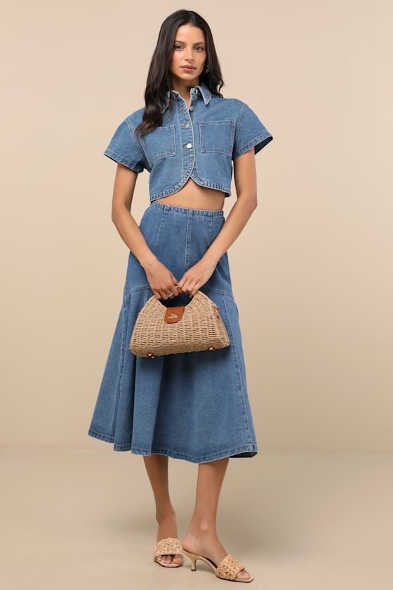 Rare London Nerea Medium Wash Denim Button-front Crop Top
