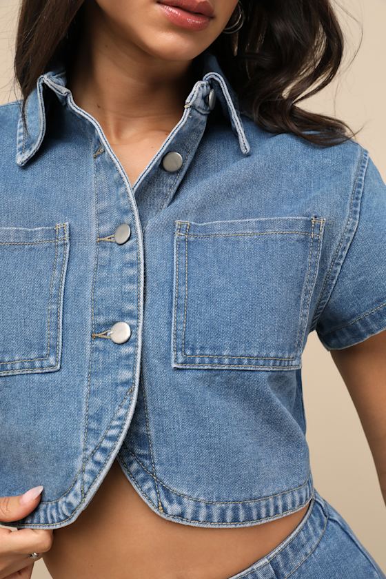 Rare London Nerea Medium Wash Denim Button-front Crop Top
