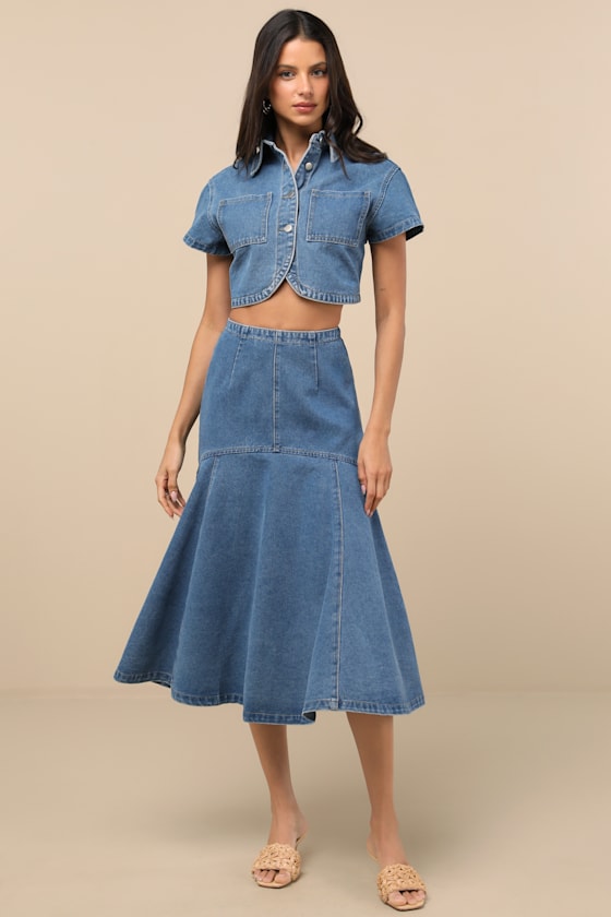 RARE LONDON NEREA MEDIUM WASH DENIM DROP WAIST MIDI SKIRT