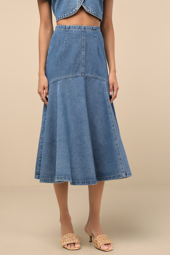 RARE LONDON NEREA MEDIUM WASH DENIM DROP WAIST MIDI SKIRT