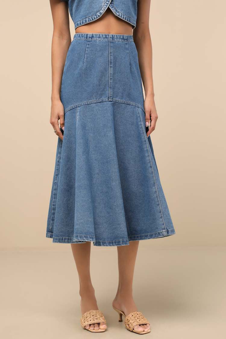 Nerea Medium Wash Denim Drop Waist Midi Skirt