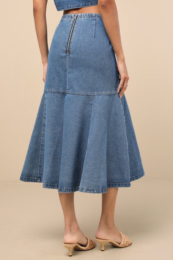 RARE LONDON NEREA MEDIUM WASH DENIM DROP WAIST MIDI SKIRT