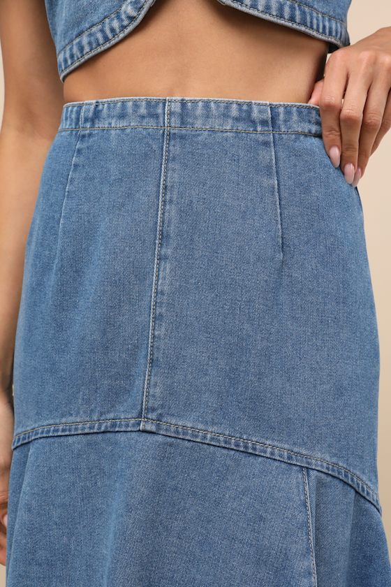 RARE LONDON NEREA MEDIUM WASH DENIM DROP WAIST MIDI SKIRT