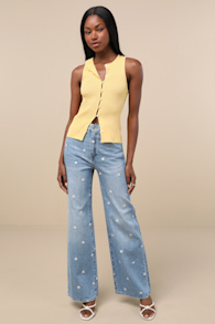 Far Out Light Wash Embroidered High-Rise Wide-Leg Jeans 1