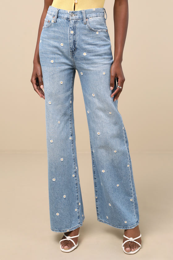 Daze Denim Far Out Light Wash Embroidered High-rise Wide-leg Jeans In Brown