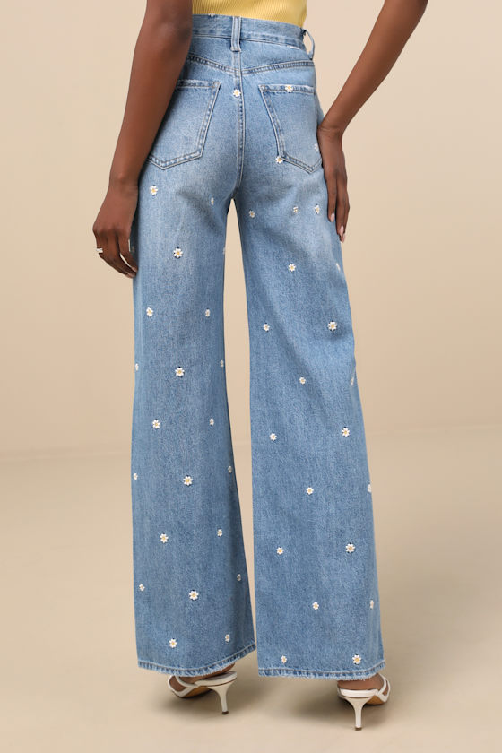 Daze Denim Far Out Light Wash Embroidered High-rise Wide-leg Jeans In Brown