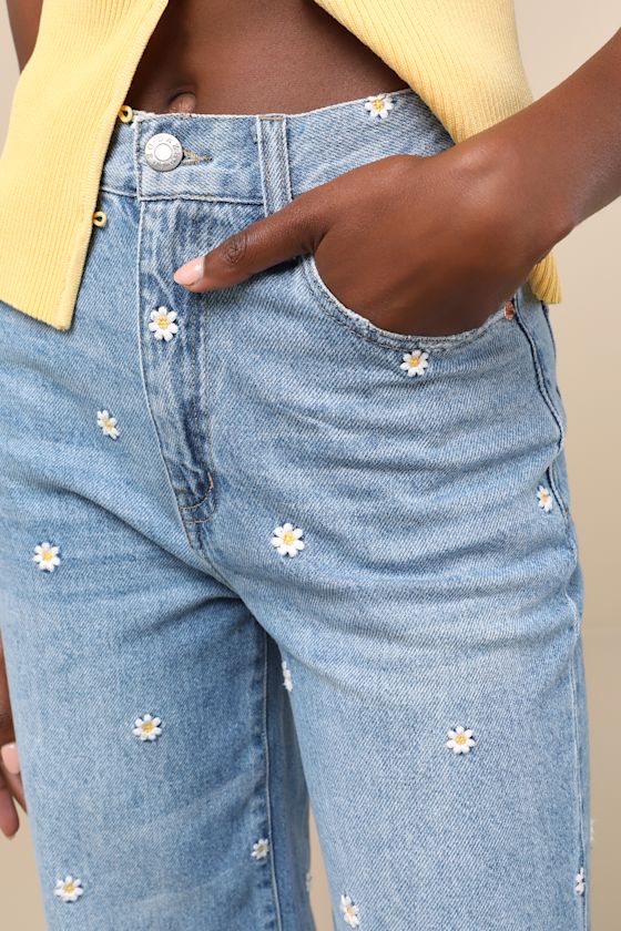 Daze Denim Far Out Light Wash Embroidered High-rise Wide-leg Jeans In Brown