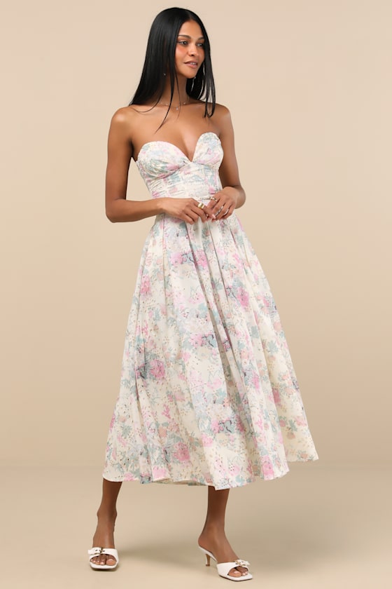 Ebba Ivory Floral Eyelet Embroidered Strapless Midi Dress 2