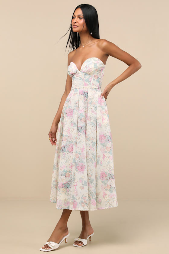 Lulus Ebba Ivory Floral Eyelet Embroidered Strapless Midi Dress In Animal Print