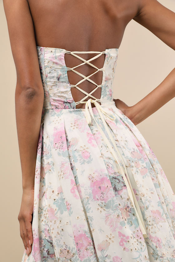 Ivory Floral Dress - Eyelet Embroidered Dress - Strapless Midi - Image 2