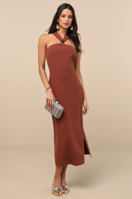 Lulus Calessia Rust Brown Linen Halter Neck Midi Dress
