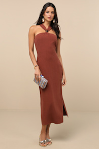 Calessia Rust Brown Linen Halter Neck Midi Dress 1