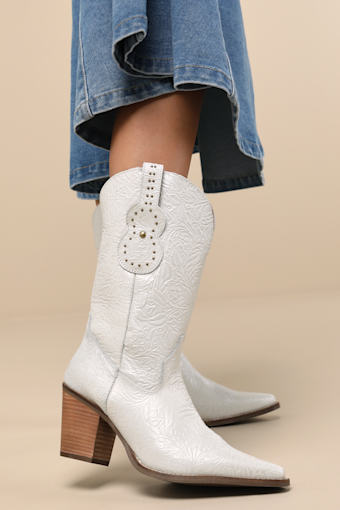 Rhythm 'N' Blues White Leather Embossed Mid-Calf Western Boots 1