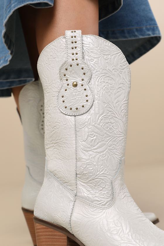 Rhythm 'N' Blues White Leather Embossed Mid-Calf Western Boots 2