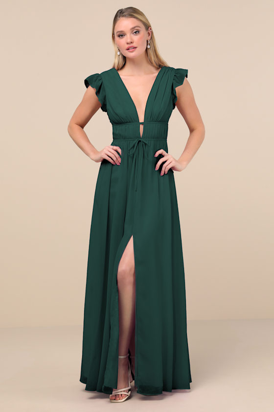 Emerald Green Maxi Dress - Chiffon Maxi Dress - Ruffled Maxi