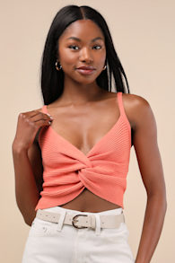 Melika Coral Orange Ribbed Knotted Crop Tank Top 2