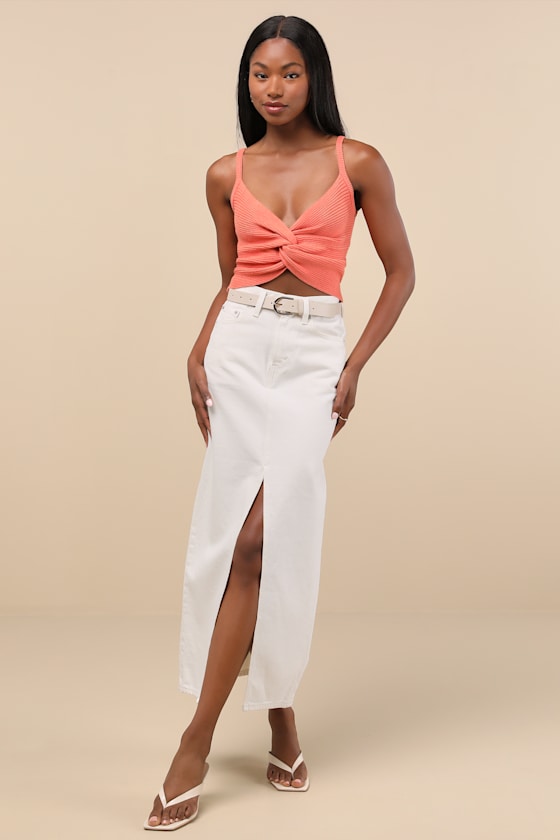 Lulus Melika Coral Orange Ribbed Knotted Crop Tank Top