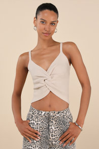 Melika Beige Ribbed Knotted Crop Tank Top 1