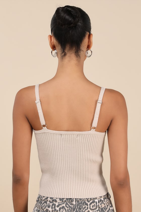Melika Beige Ribbed Knotted Crop Tank Top 4