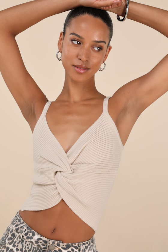 Lulus Melika Beige Ribbed Knotted Crop Tank Top In Pattern